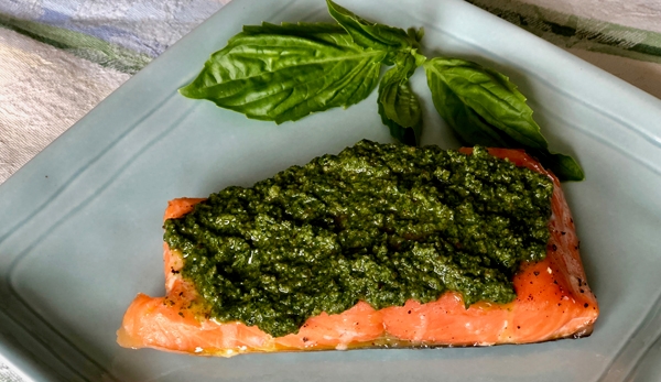 Roasted Wild Salmon with Spinach Herb Pesto
